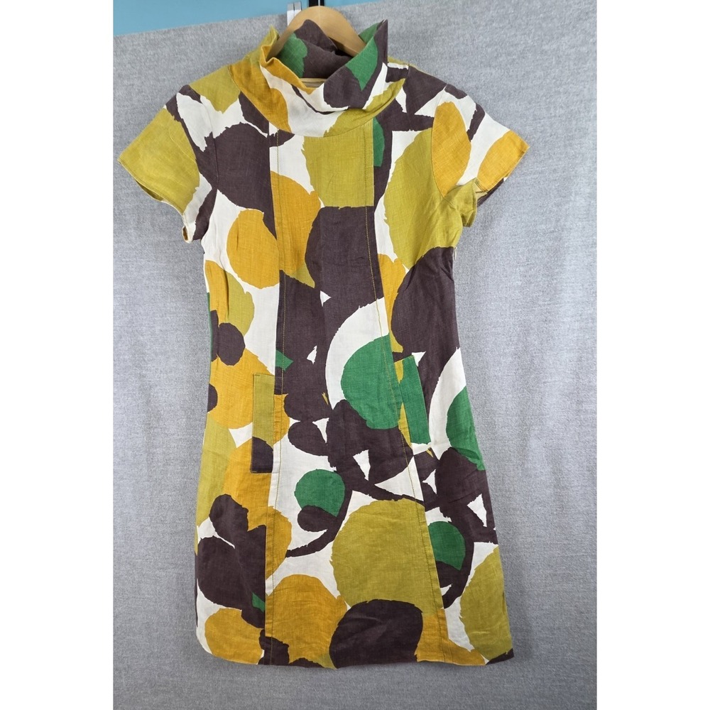 Boden Linen Mini Dress Size 4 Retro Print Earth Tones Mod Boho Grunge Festival